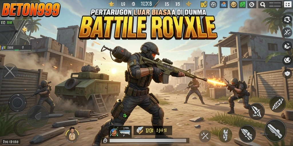 Screenshot BETON999 menampilkan pertarungan intens di medan perang Battle Royale.