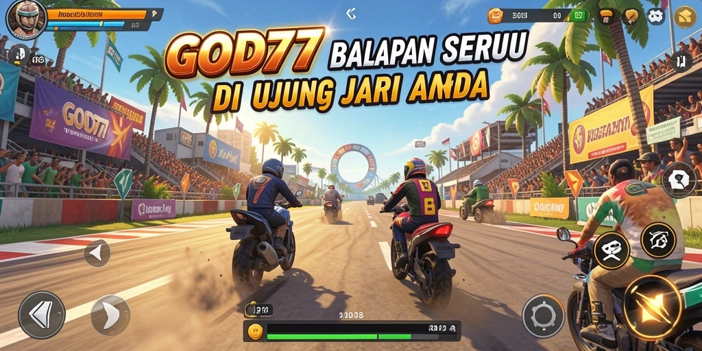Screenshot utama menunjukkan aksi balapan mendebarkan di GOD77.