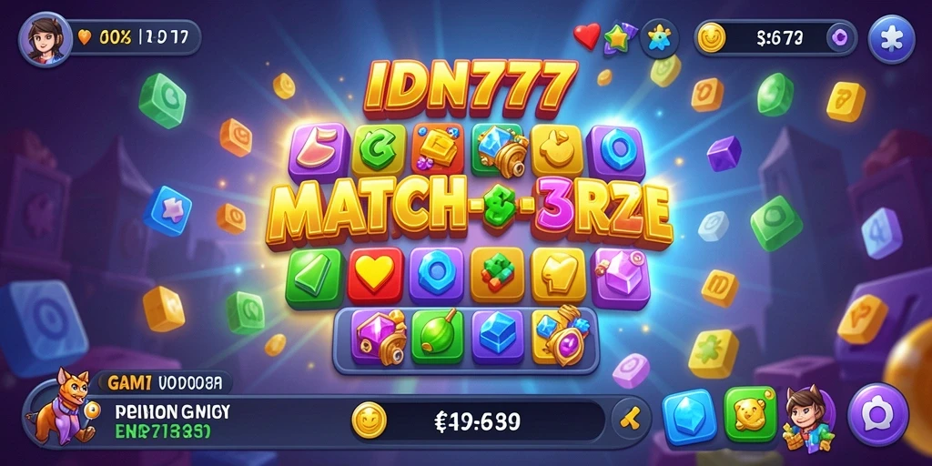 Screenshot IDN777 menunjukkan gameplay Match-3 yang menyenangkan dan penuh warna.
