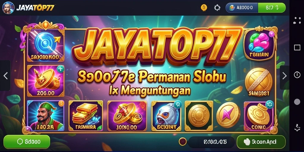 Tampilan gameplay seru di JAYATOP77 dengan gulungan berputar dan simbol kemenangan.