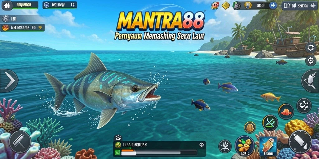 Tampilan gameplay <strong>MANTRA88</strong> saat menangkap ikan di laut yang indah.
