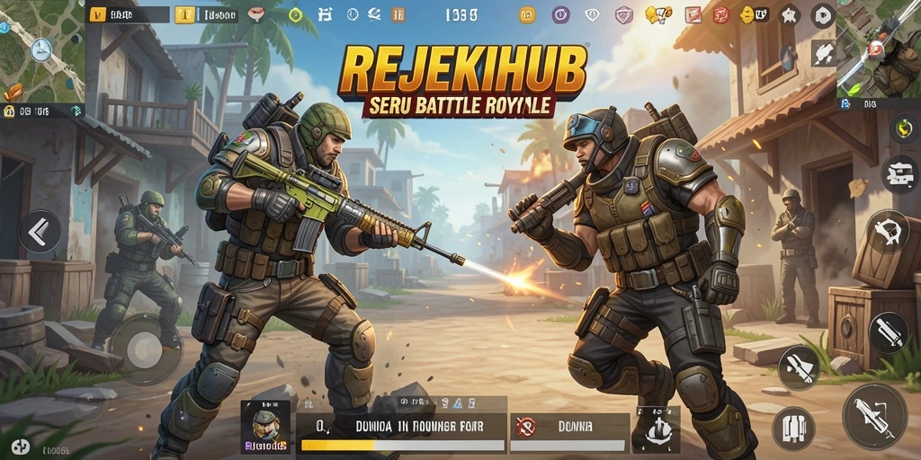 Screenshot menampilkan pertempuran mendebarkan dalam <strong>REJEKIHUB</strong> di dunia Battle Royale.