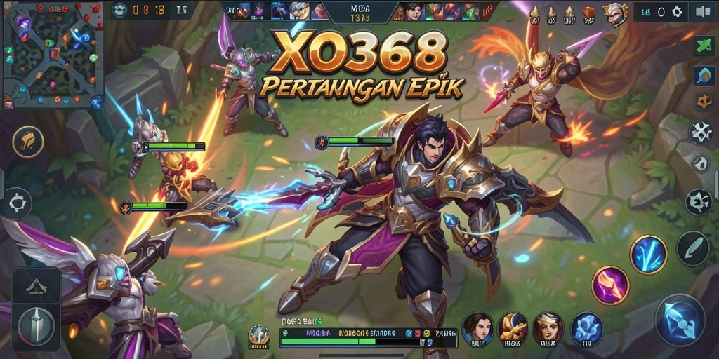 Screenshot gameplay menunjukkan pertarungan seru dalam arena MOBA.